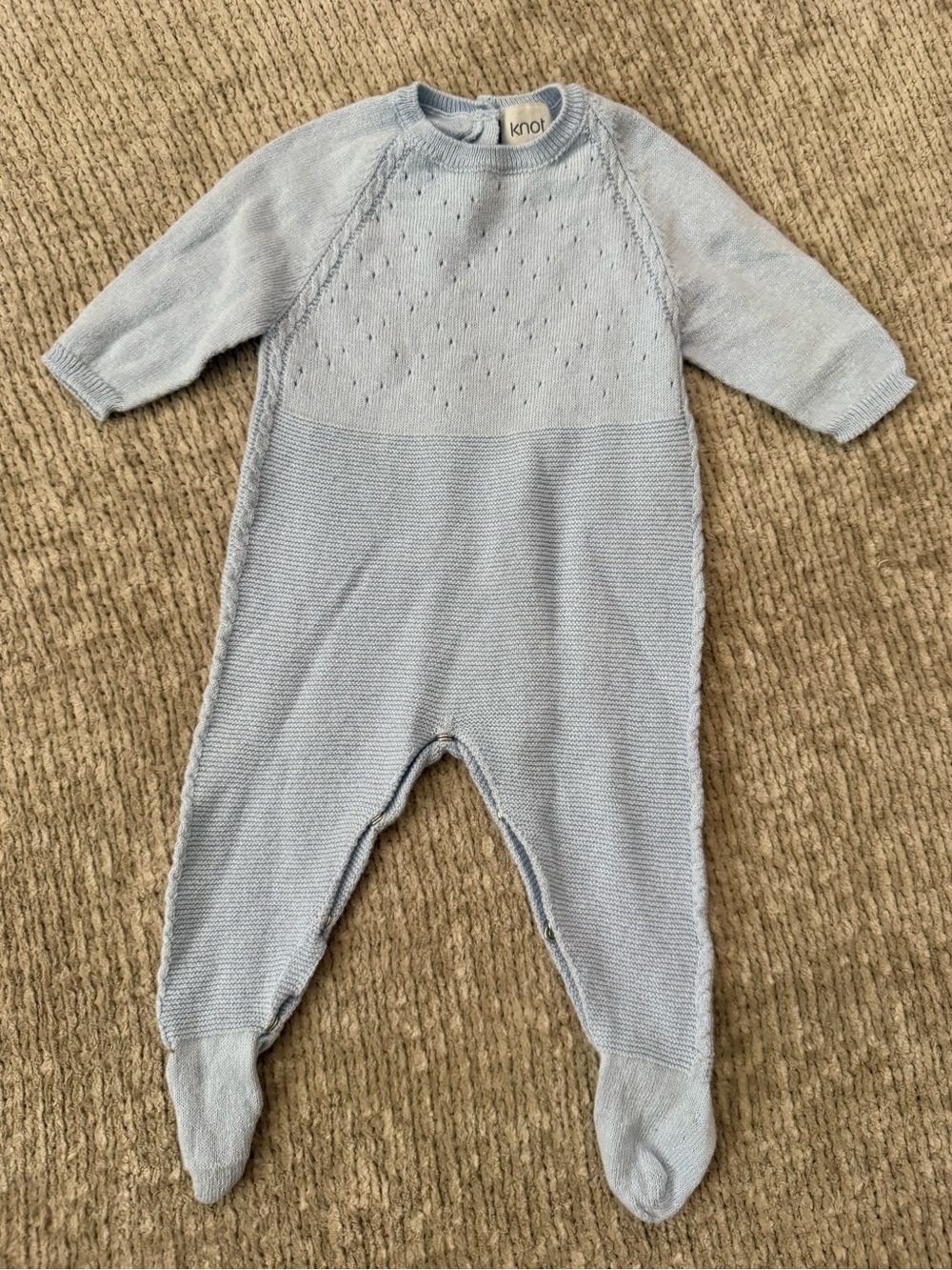 Knot Baby 1M Blue Cotton Cashmere Knit Footed Romper One Piece Layette